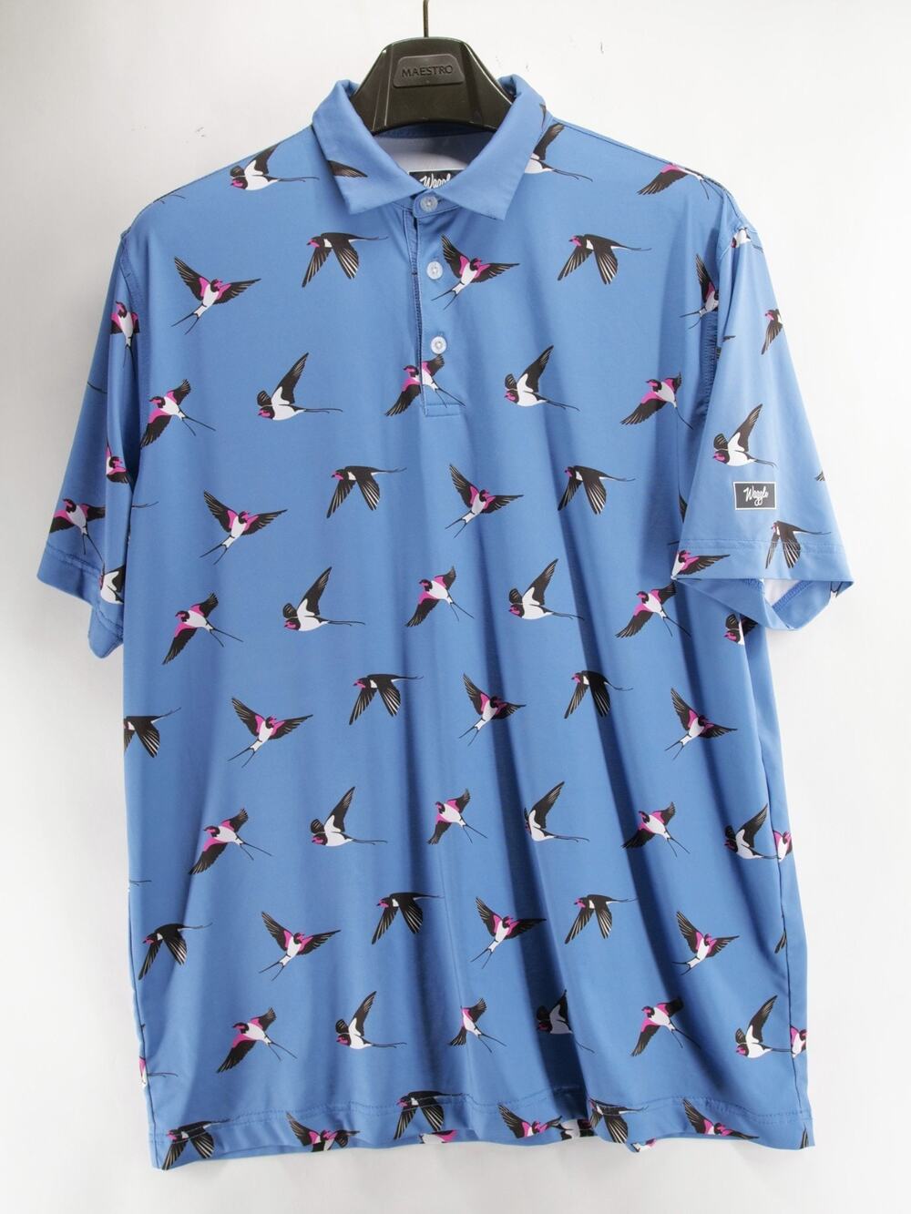 Waggle Men's XL Blue Bird Print Golf Polo Shirt Short Sleeve Performance